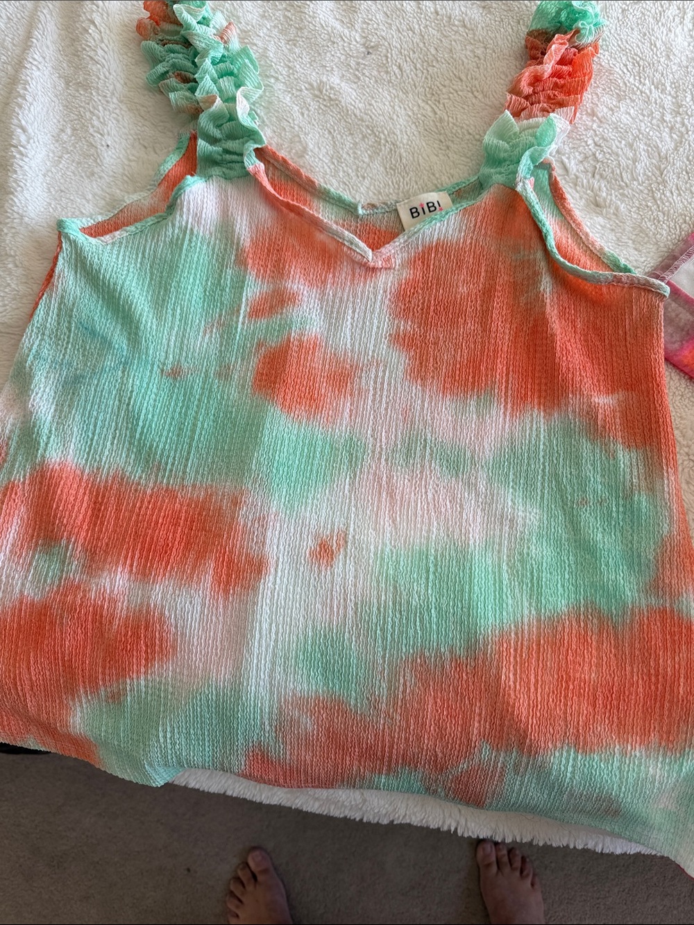 BiBi Coral & Mint Tie-Dye Ruffle Strap Tank